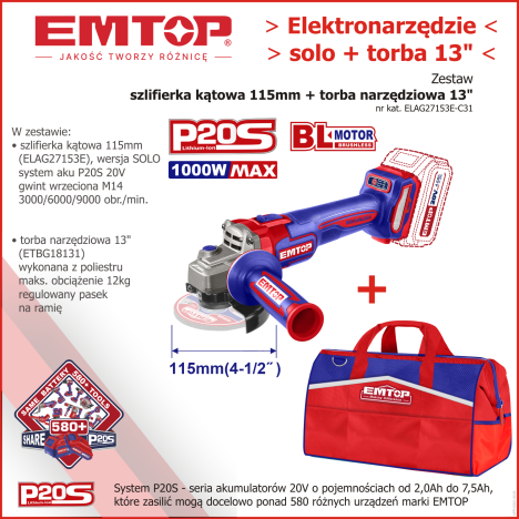 Zestaw Szlifierka kątowa 115mm Solo | Torba narzędziowa P20S COMBO3-1